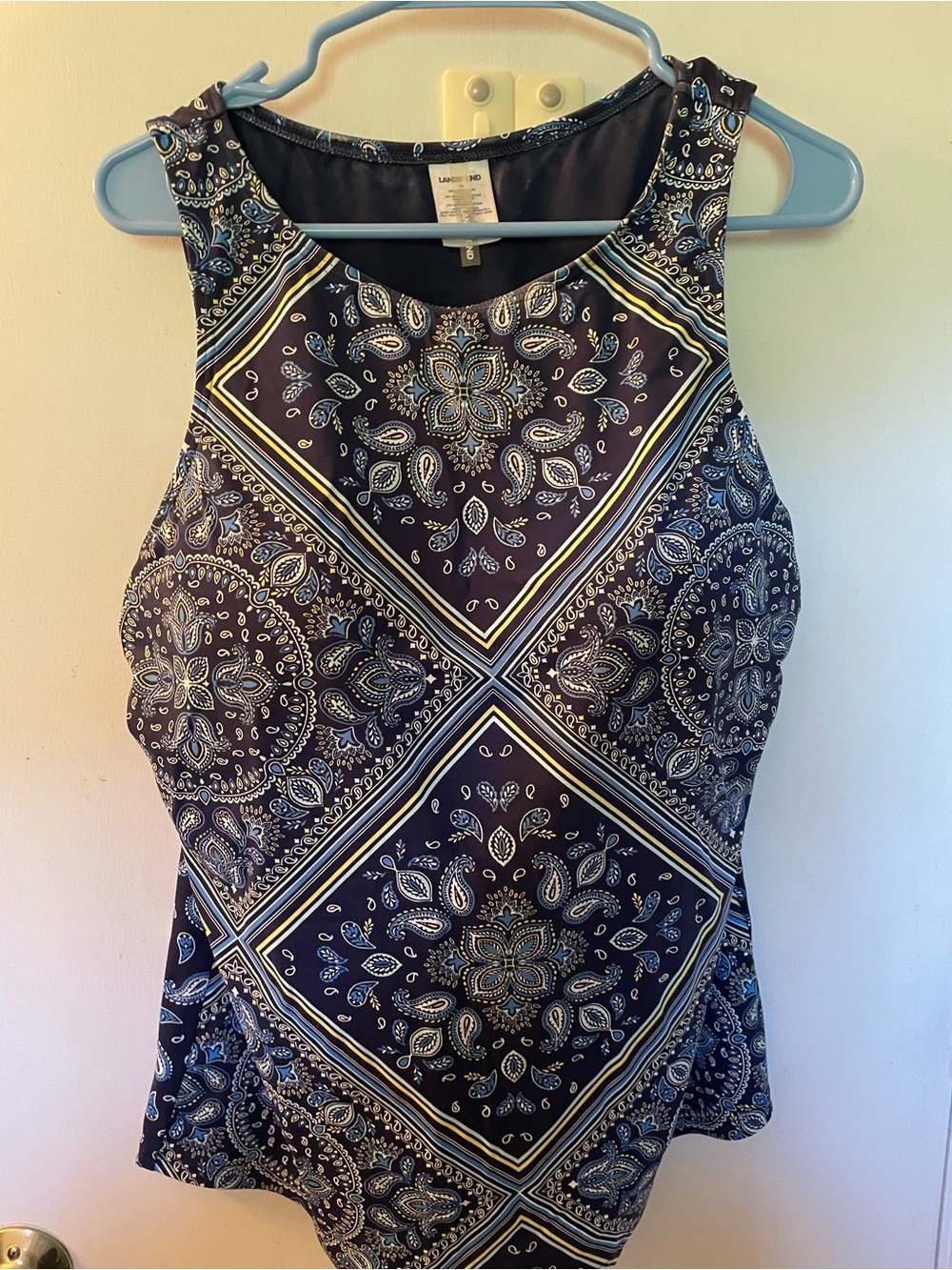 Lands' End Navy and Light Blue Paisley One-Piece Swim Tank
